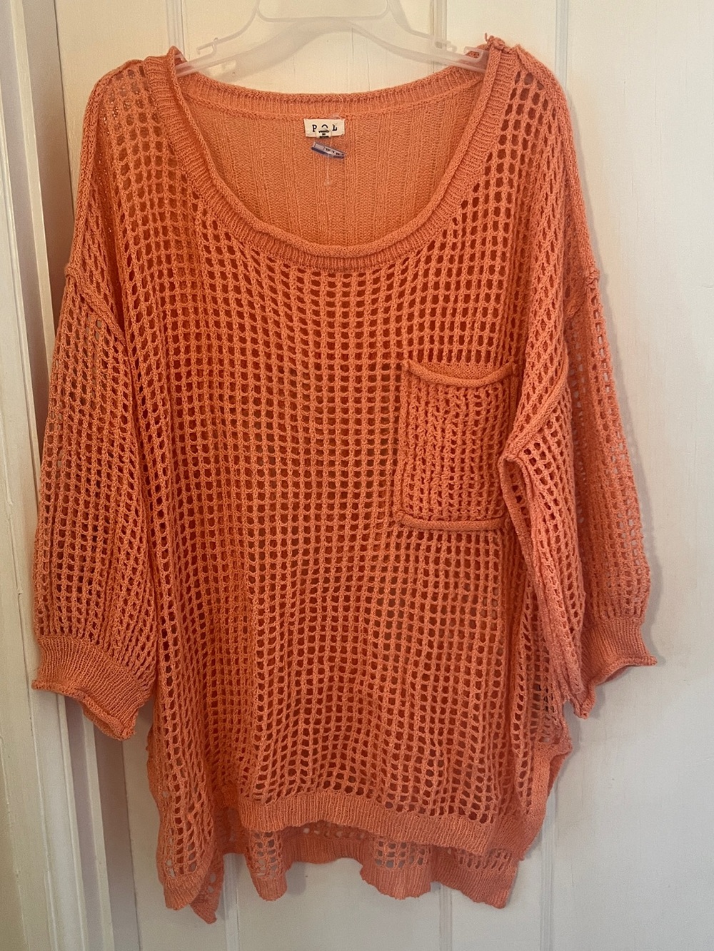 POL-Open-Weave Pocket Sweater - Coral Orange